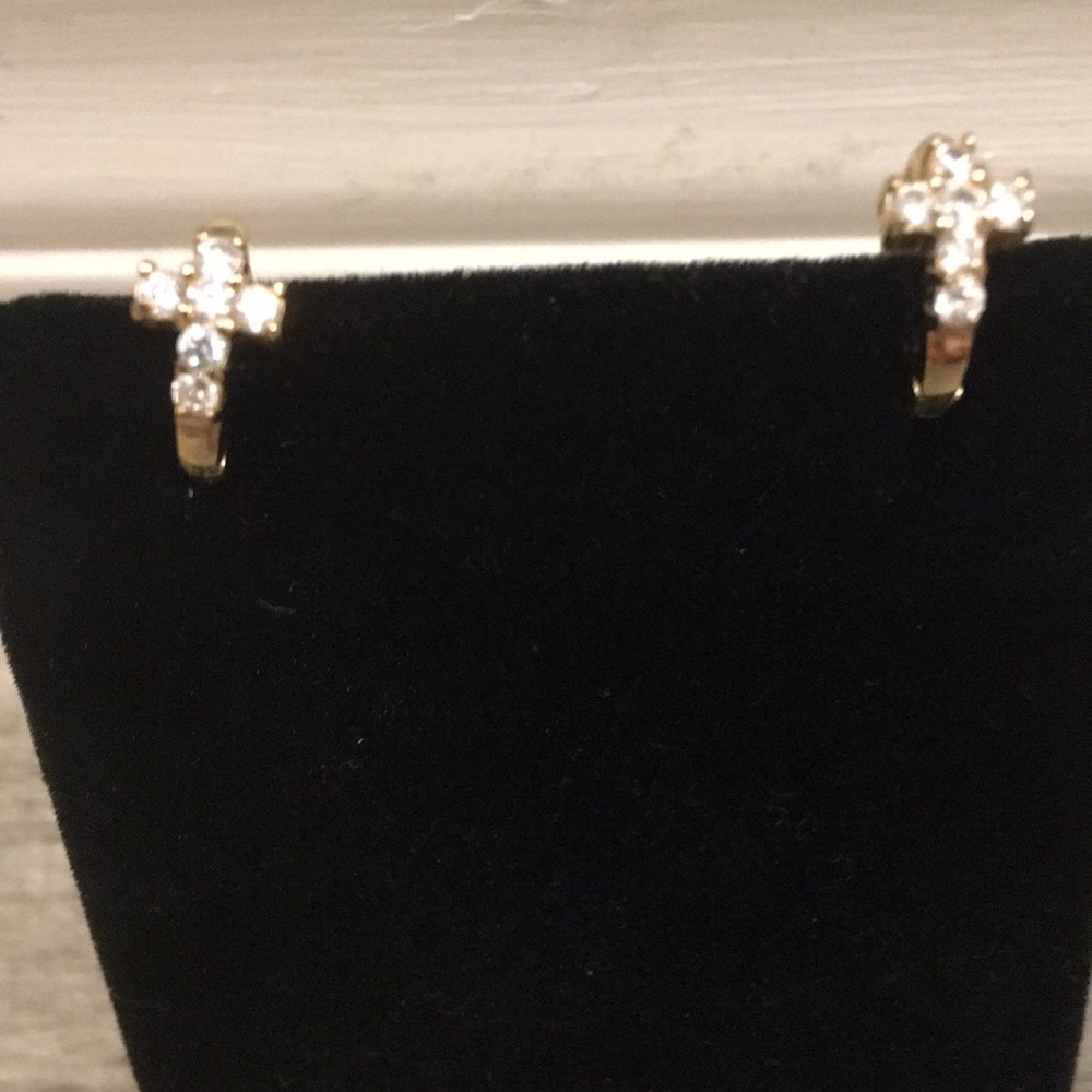 Gold CZ  cross huggie earrings - Picture 3 of 5